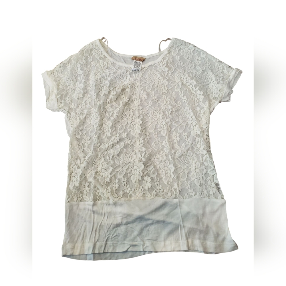 NWOT Ever Blue Lace Overlay White Top